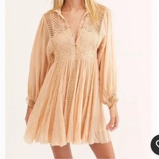FP One L Peach Karma Dress Boho Crochet Lace Flowy Button Down Hipster Hip Chic