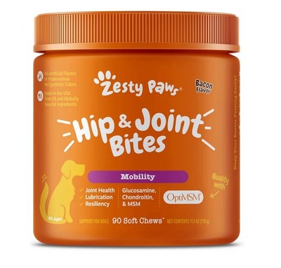 Zesty Paws Hip & Joints Bites for Dogs - Mobility, BACON 90 Soft Chews