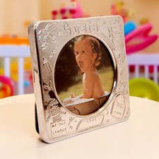 VTG Silverplate Metal Baby Photo Frame For Personalized Engraving Birth Record