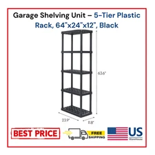 Garage Shelving Unit – 5-Tier Plastic Rack, 64"x24"x12", Black