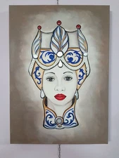 Hand Painted Oil on Canvas with Wooden Frame and Heads of Sicily