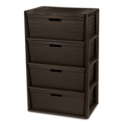 Wide 4 Drawer Tower Easy to Assemble W/ Removable Decorative Cross-Weave Plastic