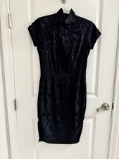 NEW Shanghai Tang WomenBlack Qipao Cheongsam Silk Short Sleeve Jacquard Dress