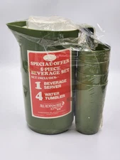 Vintage NOS Avocado Green Alladinware Plastic 5 Piece Beverage Set Pitcher & Cup
