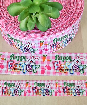 7/8 & 1.5'' (1 YD) Happy Easter Grosgrain Ribbon Easter Eggs Bunny Rabbit Carrots