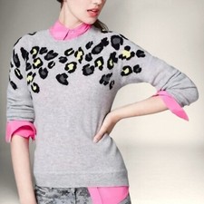 AQUA 100% Cashmere Sweater Jaguar Print Neon Green Gray Cozy Warm Relaxed Small