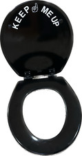 TOILET SEAT ROUND REGULAR SOLID WOOD BLACK FINISH READS KEEP ME UP COVER LID