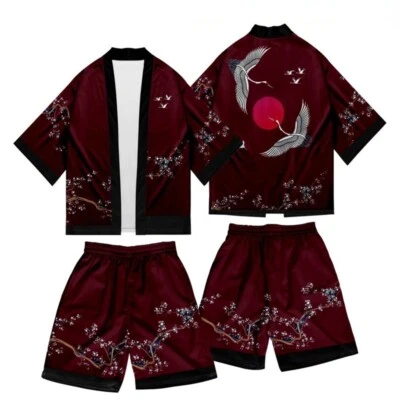 Japanisch Herren Top Shorts Kimono Satz Mantel Jacke Strickjacke Kran Bademantel - Bild 1 von 4