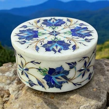 Round White Marble Trinket Jewelry Box Mosaic Lapis Inlay Stone & Gift for Her