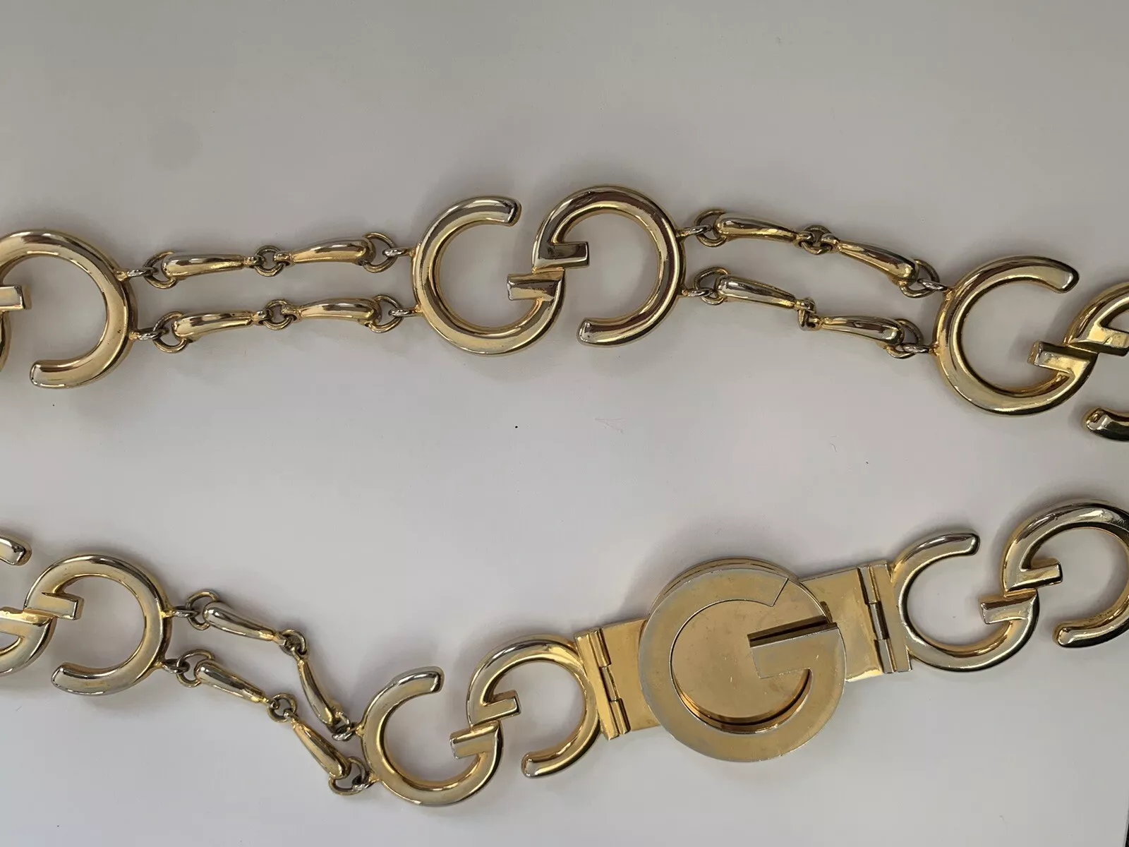 RARE VINTAGE années 70 GUCCI chaîne ceinture logo double G plaqué or disco glam boho fab HTF