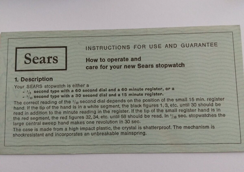 Sears 19926 Swiss Made 1/10 Wind Up Stop Watch Box  Instructions Receipt Vintage - 第 5/9 張圖片