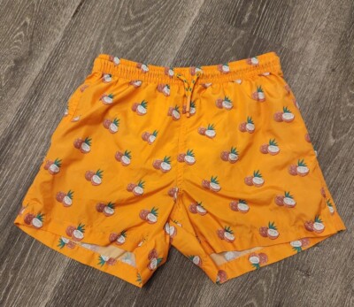 Zara Orange Swim Shorts Coconut Print Elastic Waist Boys Size 9-10 Great Cond 