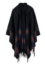 Women's Vintage Tassel Poncho Hooded Shawl Cape Blanket Black