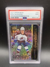2021-22 Alex Newhook Speckled Rainbow Foil Young Guns PSA 9