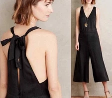 Anthropologie Elevenses Wide Leg Cropped Jumpsuit Romper M  Black Lyocell