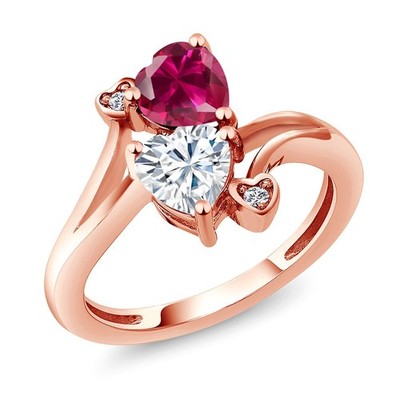 18K Rose Gold Plated Silver Created Ruby White Moissanite and Diamond Ring For