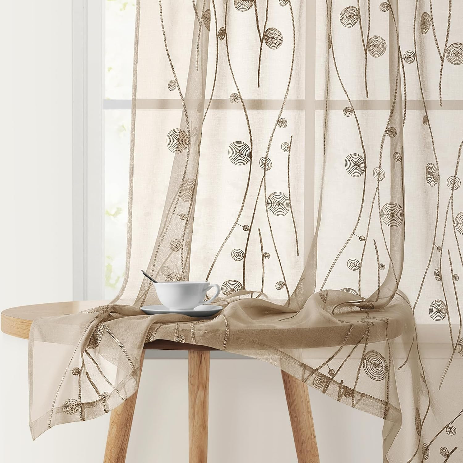 Taupe Sheer Curtains 52x63 2 Panels Faux Linen Embroidered W