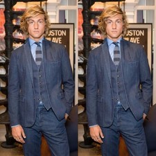 Blue Denim Mens Suits 3Pcs Wedding Groom Slim Tuxedos Casual Business Blazer