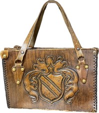 Vintage Tooled Leather Purse Handbag Crest Shield Western Boho Whipstitch Purse