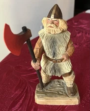 Vintage Folk Art Henning Norway Hand Carved Wood Viking with Axe - 8"