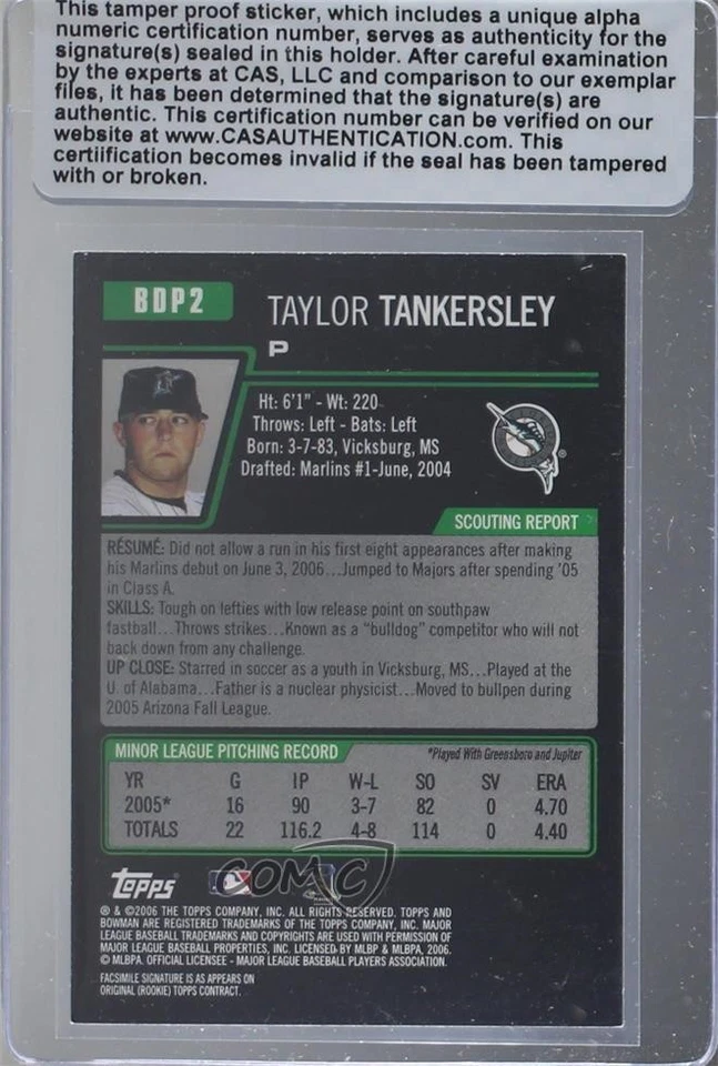CAS Certified 2006 Bowman Draft Taylor Tankersley #BDP2 Sealed Auto - Image 2 of 2