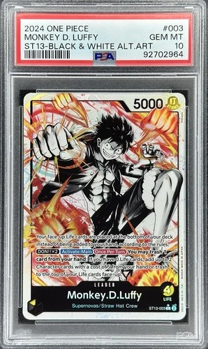One Piece Monkey D. Luffy Black & White Alt Art #ST13-003 Leader (PSA 10)