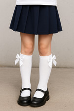 Girls Childrens Knee High Socks Long Plain With Satin Bow Back To School 1 Pair