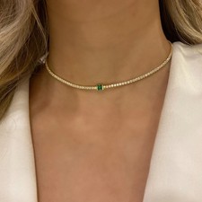 Emerald  Diamond 14K Yellow Gold Over Dainty Choker Tennis 14" Necklace Women's