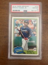 2018 Topps Archives RONALD ACUNA, JR. #212 Rookie Card Braves RC PSA 10 GEM MINT. rookie card picture