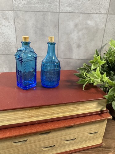 Vintage Wheaton Blue Glass Mini Bitters Bottles Root & Berrings Apple Pair 70s