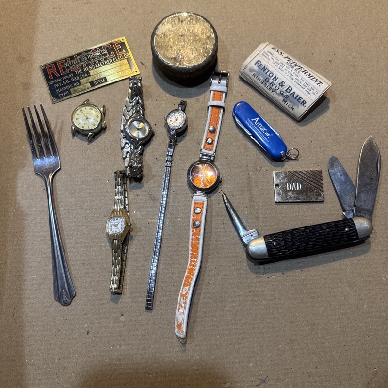 Very Nice Lot Watches, Knives, Vintage Medical Labels 20 +/-, Perfume Can Early