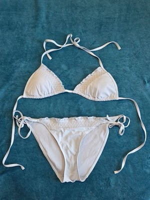 ACCESSORIZE BABY BLUE WHITE EMBROIDERED GATHERED PANEL TIE SIDE TRIANGLE BIKINI
