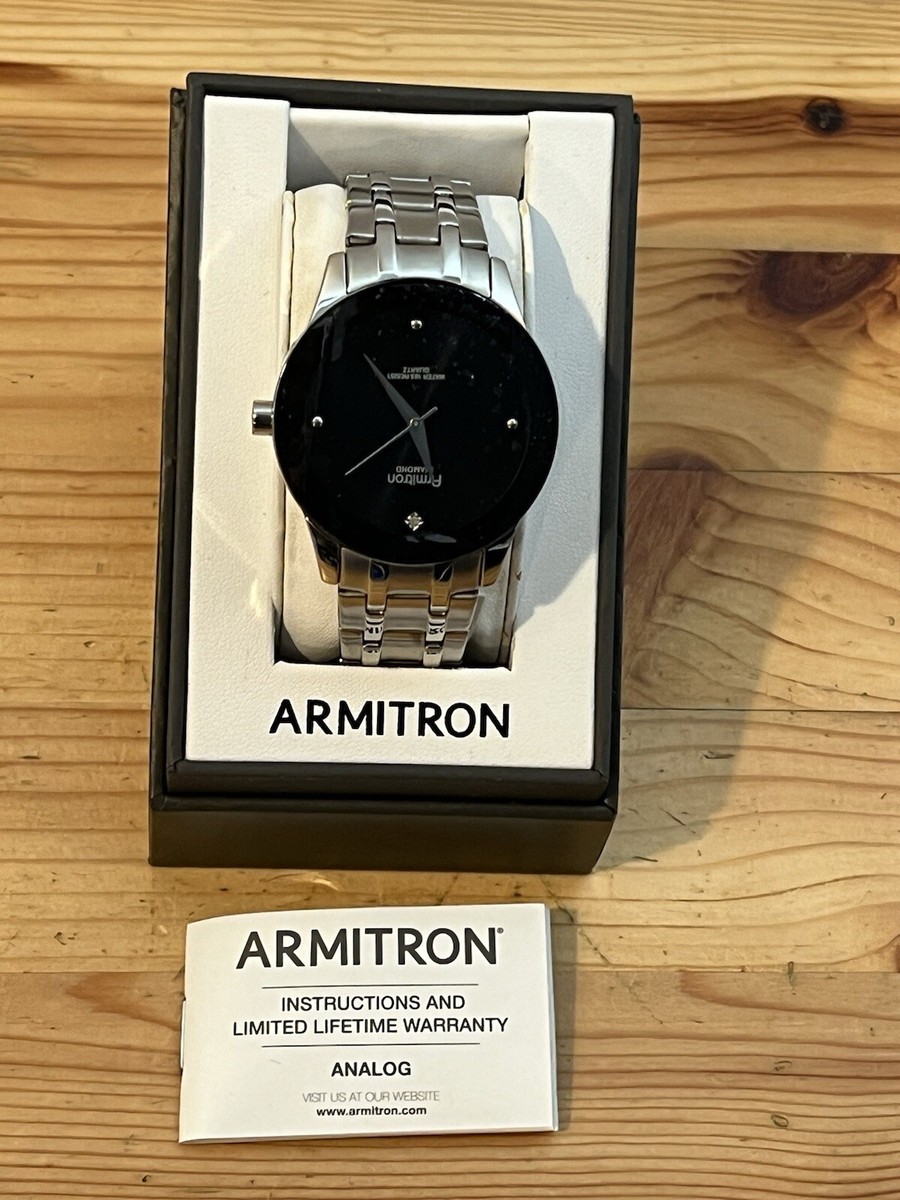 New Armitron Diamond Quartz Mens Watch Black Dial Stainless Steel