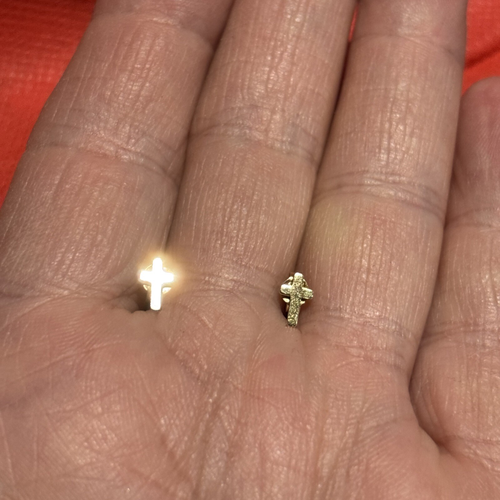 14K Solid Gold Plain Mini Cross Stud Earring - image 3