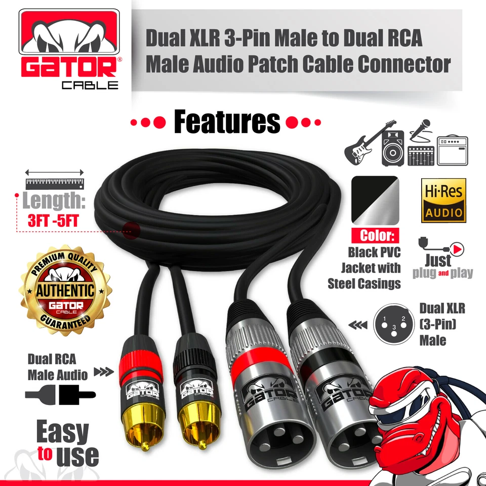 Dual 2-XLR Male to Dual 2-RCA Male Cable Patch Splitter Shielded Audio Stereo HD - Image 3 of 4