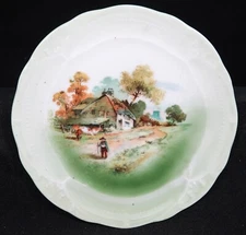 Antique Porcelain Tea Trivet Hot Plate Green Farm Scene