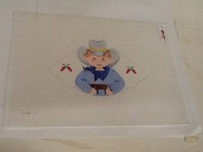 Handpainted Needlepoint Canvas Young Cowboy IN Hat Holding Toy Horse  New - 2-87