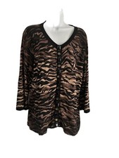 Chicos Size 2 Animal Print Cardigan Sweater Size L Beaded Snap Front 3/4 Sleeve