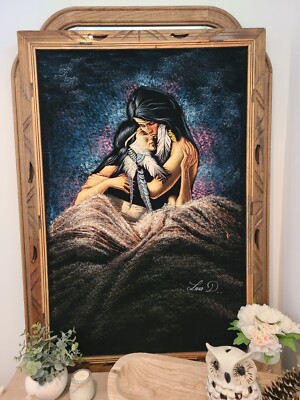 Vintage Black Velvet Oil Painting 39x28 Signed Luis D Native