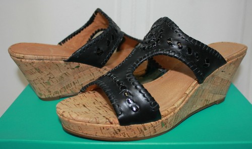 Jack Rogers Emilia Mid Wedge Black leather cork sandals size 7.5 New With Box
