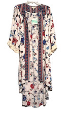 Umgee Cardigan Womens M White Blue Red Floral Open Front 3/4 Fringe Sleeve Boho
