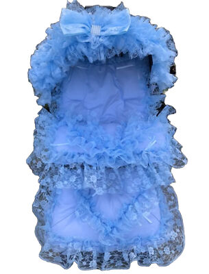 ROMANY PRAM PUSHCHAIR BLUE FRILLY COSYTOES FOOTMUFF + HOOD TRIM PERSONALISATION