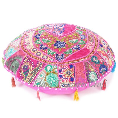 Pink Round Patchwork Indian Floor Cushion Decorative Ethnic Cushion ...