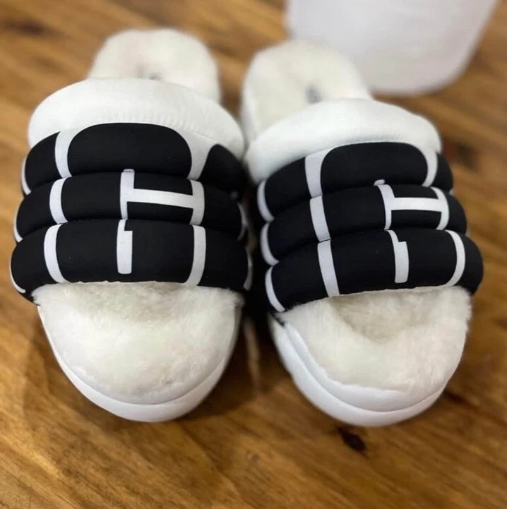 UGG PANTOFOLE DONNA MAXI BIANCHE NERE PLATEAU SLIDES PELLE DI PECORA TAGLIA 9 US DONNA