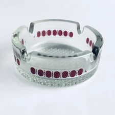 Vintage MID MOD MCM CLEAR TRANSLUCENT ART DECO GLASS ASHTRAY 1960’s Maroon Print
