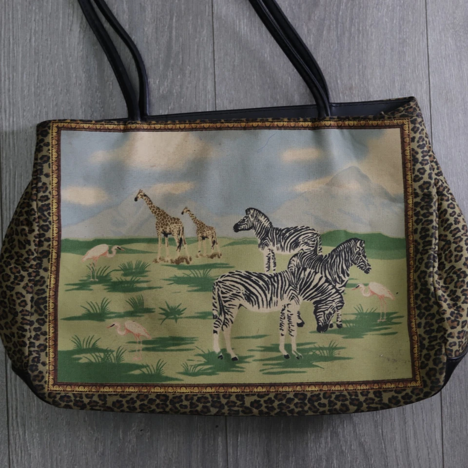 St Johns Bay Tote Handbag Brown Nylon Jungle Animals Beaded Purse Shoulder Bag Foto 2 de 4