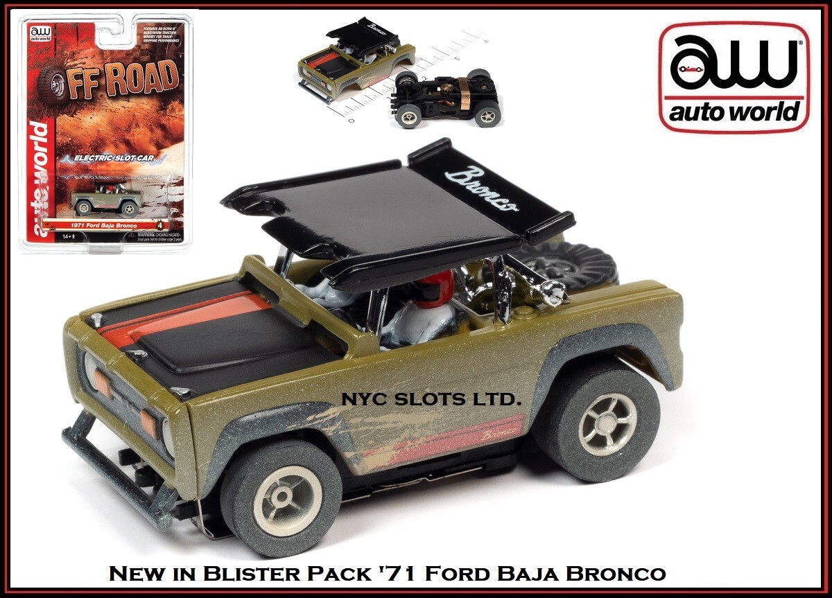 Auto World 1971 Baja Bronco HO Scale Slot Car - Off Road Series Blue With Black Hood | Electric Slot Car Set