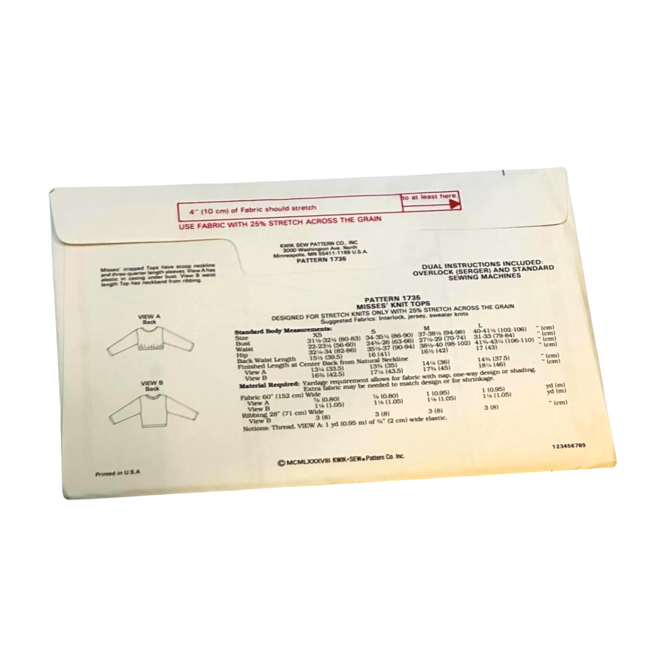 Kwik Sew 1735 Crop Short Top XS S M L Sewing Pattern New Sealed Uncut eBay