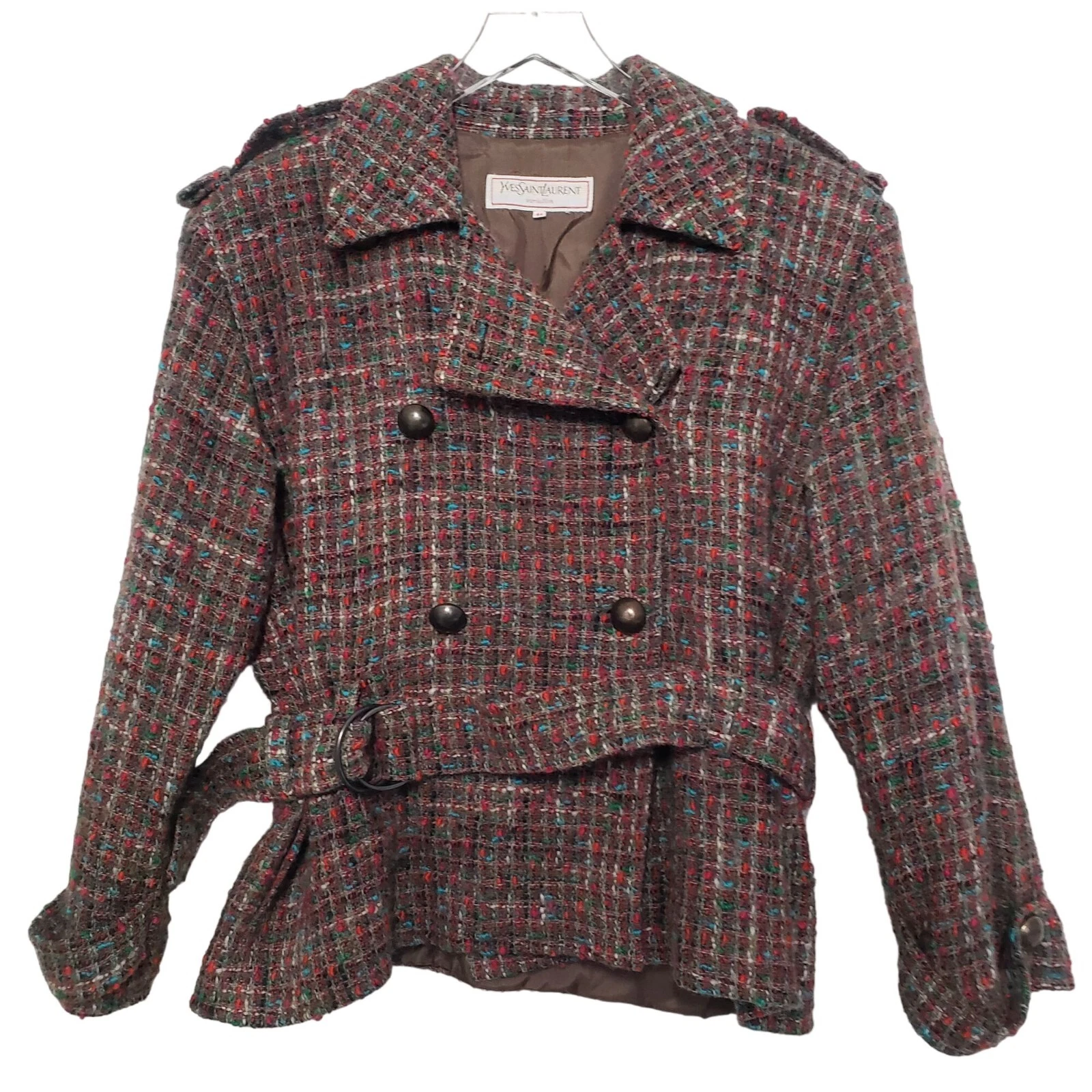 SAINT LAURENT (YSL) Giacca tweed vintage Yves Saint Laurent 44 donna taglia 8 cintura doppiopetto