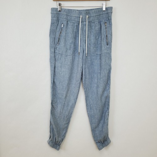 Athleta Pants Womens 10 Cabo Linen Jogger Chambray Blue Pull On Zip Pocket Beach